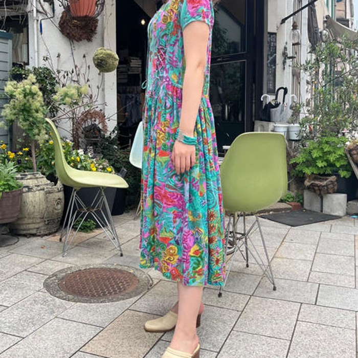 green pattern lace up one-piece | Vintage.City 古着屋、古着コーデ情報を発信