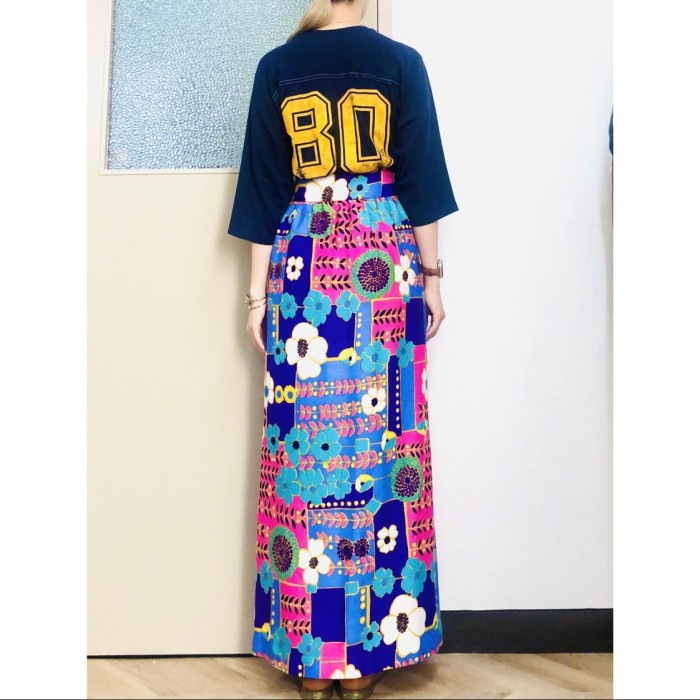 70s Blue floral print maxi skirt | Vintage.City 古着屋、古着コーデ情報を発信