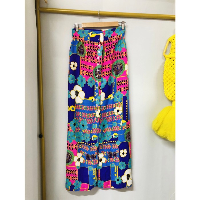 70s Blue floral print maxi skirt | Vintage.City 古着屋、古着コーデ情報を発信
