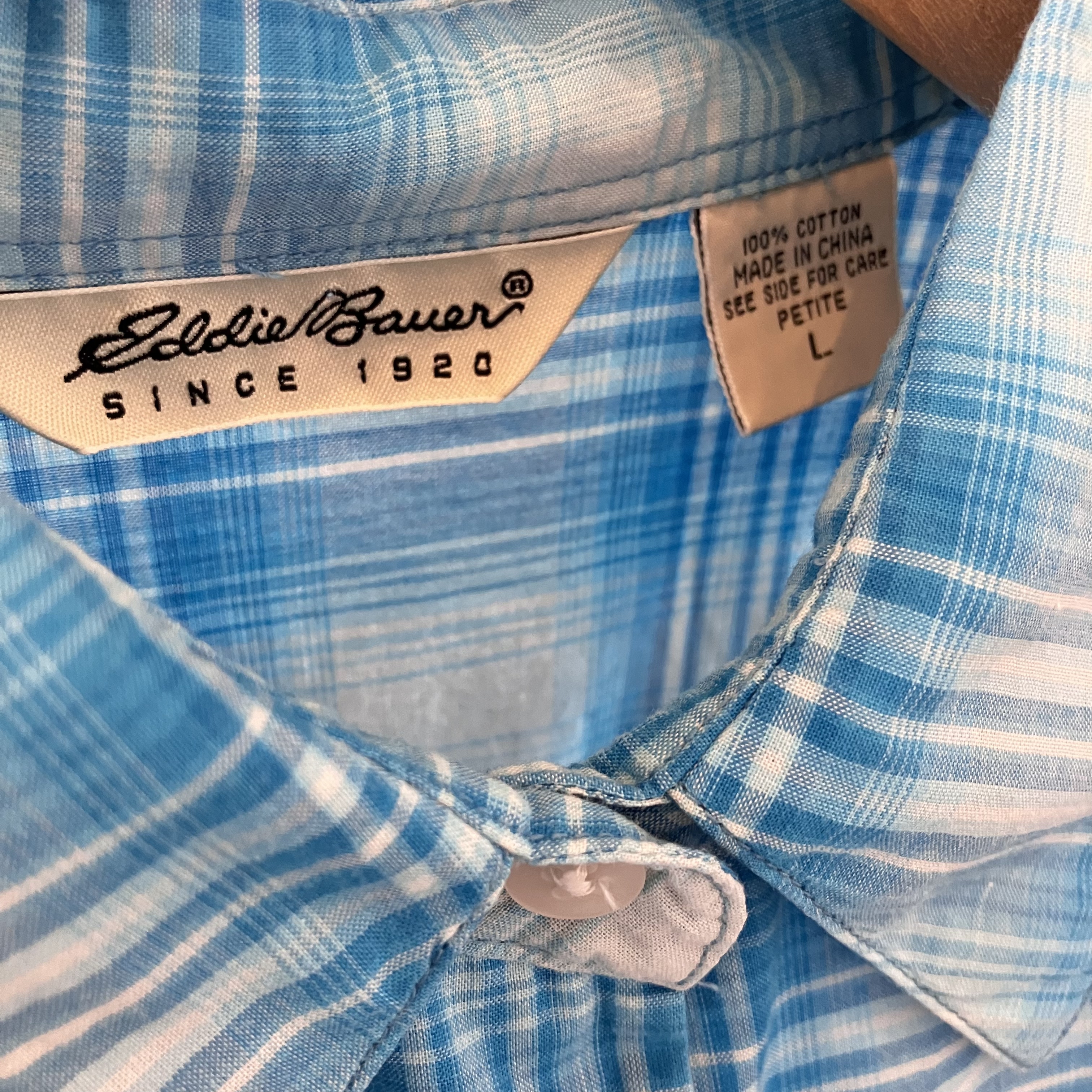 eddie bauer オンブレチェックシャツ 水色 レディース Lサイズ