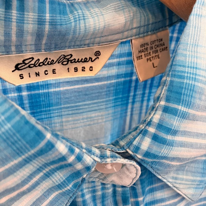 eddie bauer エディーバウアー オンブレチェックシャツ シャドーチェック ライトブルー 水色 レディース Lサイズ | Vintage.City 古着屋、古着コーデ情報を発信