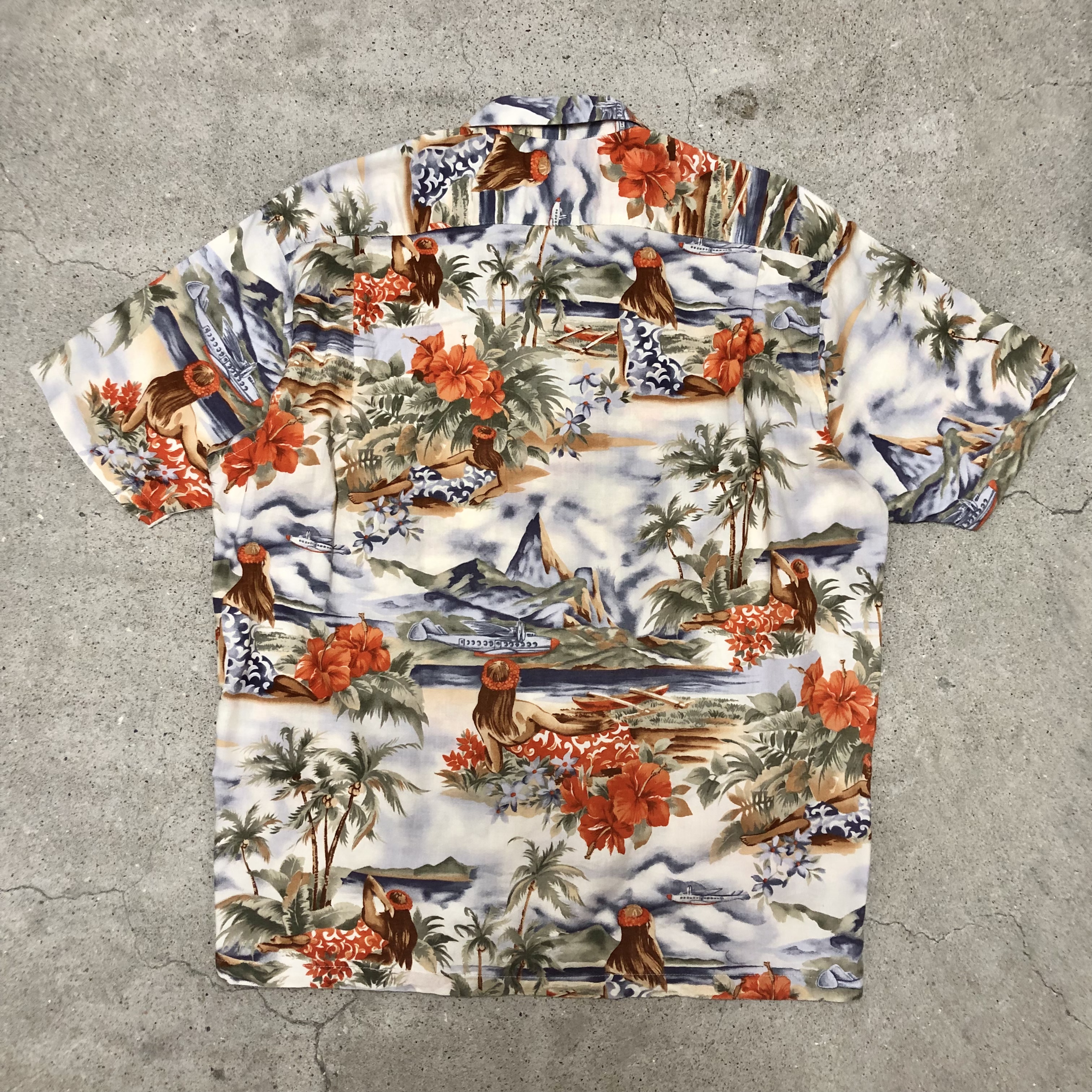 90s OLD STUSSY/ALOHA Shirt/USA製/紺タグ/M/アロハシャツ/総柄/開襟