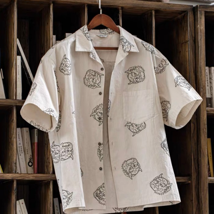 メンズシャツ 半袖　雷神様ロゴ　オフホワイト　コットン　オーバーサイズ　L | Vintage.City 古着屋、古着コーデ情報を発信