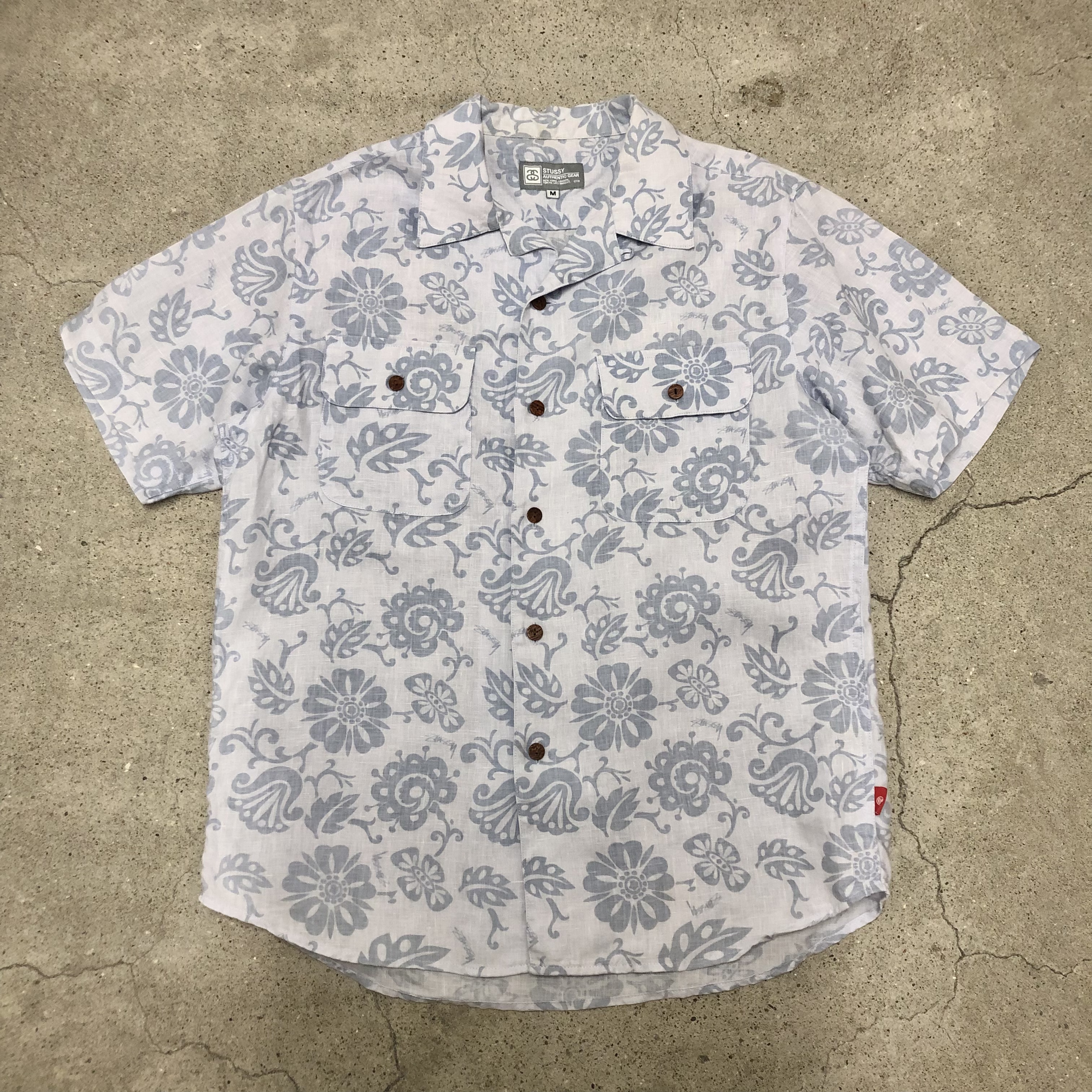 STUSSY/Flower print Linen s/s shirt/M/花柄/リネン半袖シャツ