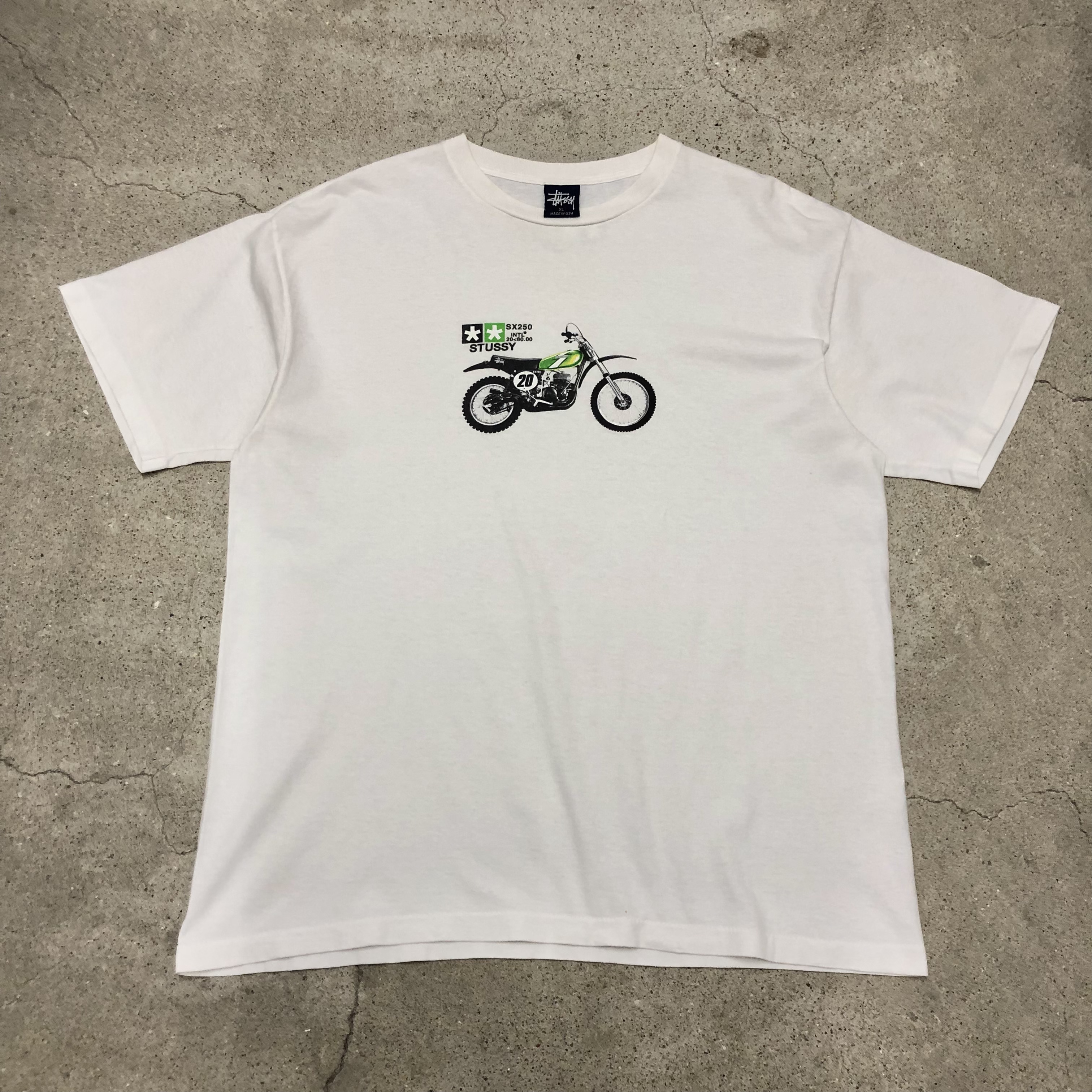 90s OLD STUSSY/SX250 print Tee/USA製/紺タグ/XL/バイクプリント/T 