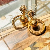 80s Vintage Gold Tone Sun Motif × Mirror Ball Design Drop Earrings | Vintage.City 古着屋、古着コーデ情報を発信