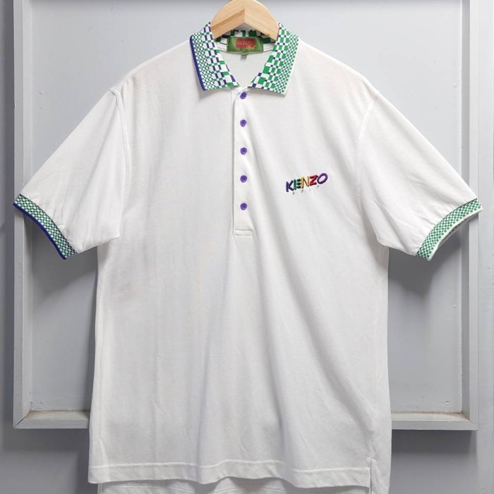 90’s KENZO GOLF ロゴ 刺繍 リブ柄 ポロシャツ ホワイト | Vintage.City 古着屋、古着コーデ情報を発信