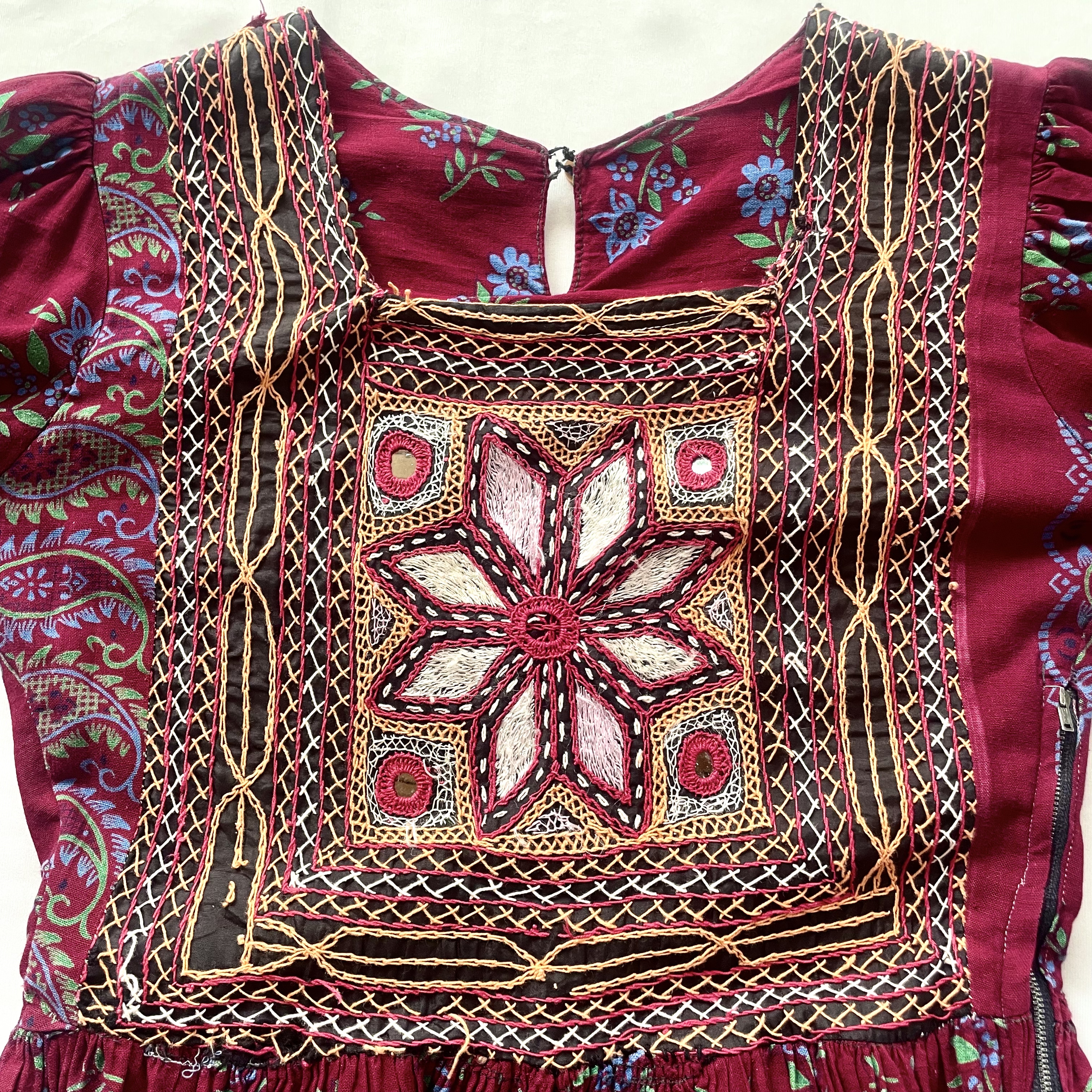 6-70s vintage ミラーワーク刺繍 アフガンワンピース バーガンディー