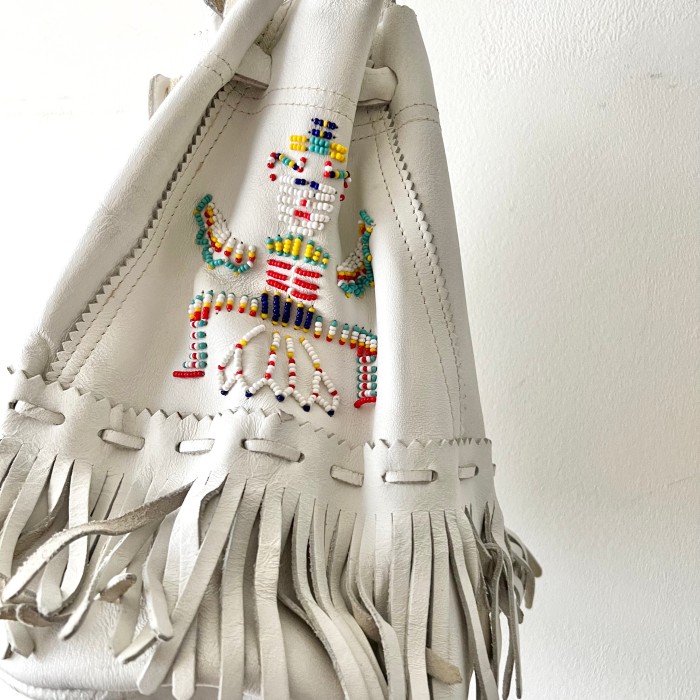 Embroidery Design Fringe Leather Drawstring bag | Vintage.City 빈티지숍, 빈티지 코디 정보
