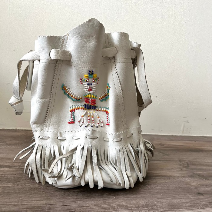 Embroidery Design Fringe Leather Drawstring bag | Vintage.City 古着屋、古着コーデ情報を発信