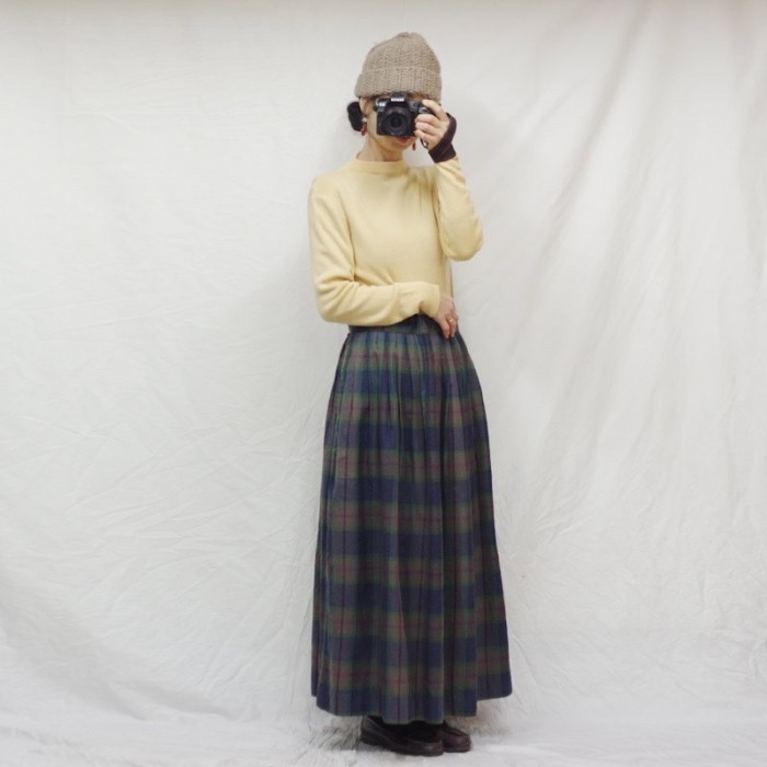 ネイビーとカーキのチェックのマキシスカート | Vintage.City 古着屋、古着コーデ情報を発信