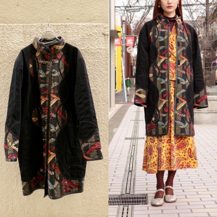 Feather Pattern & Faux Leather Coat | Vintage.City 古着屋、古着コーデ情報を発信