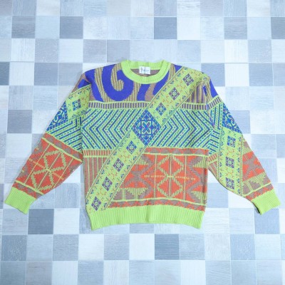 コットン アクリル 総柄 ニット セーター ライムグリーン 3L ジャガード織り | Vintage.City ヴィンテージ 古着