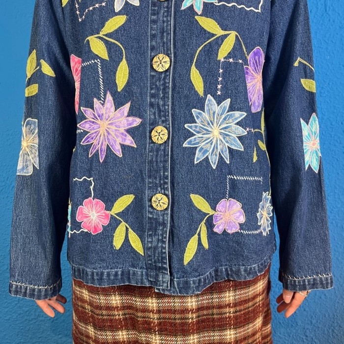 90s Flower Embroidery Denim Jacket | Vintage.City 古着屋、古着コーデ情報を発信