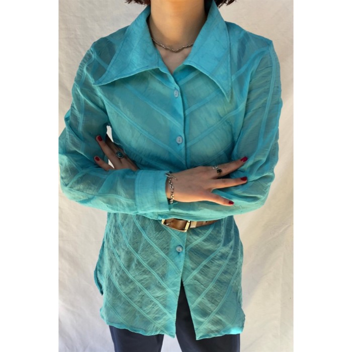 turquoise blue shirt | Vintage.City 빈티지숍, 빈티지 코디 정보