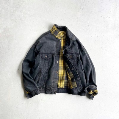 1980s Levi's Black Denim Trucker Jacket Lining YELLOW Check 70417 MADE IN USA 【L】 | Vintage.City ヴィンテージ 古着