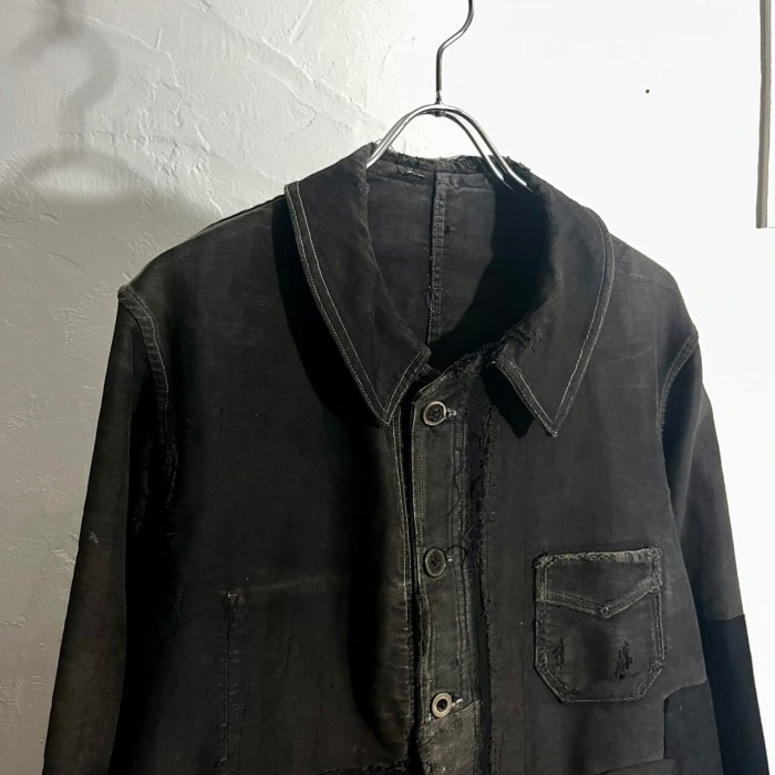 30s LE MONT ST MICHEL Black Moleskin French Work Jacket | Vintage.City 빈티지숍, 빈티지 코디 정보