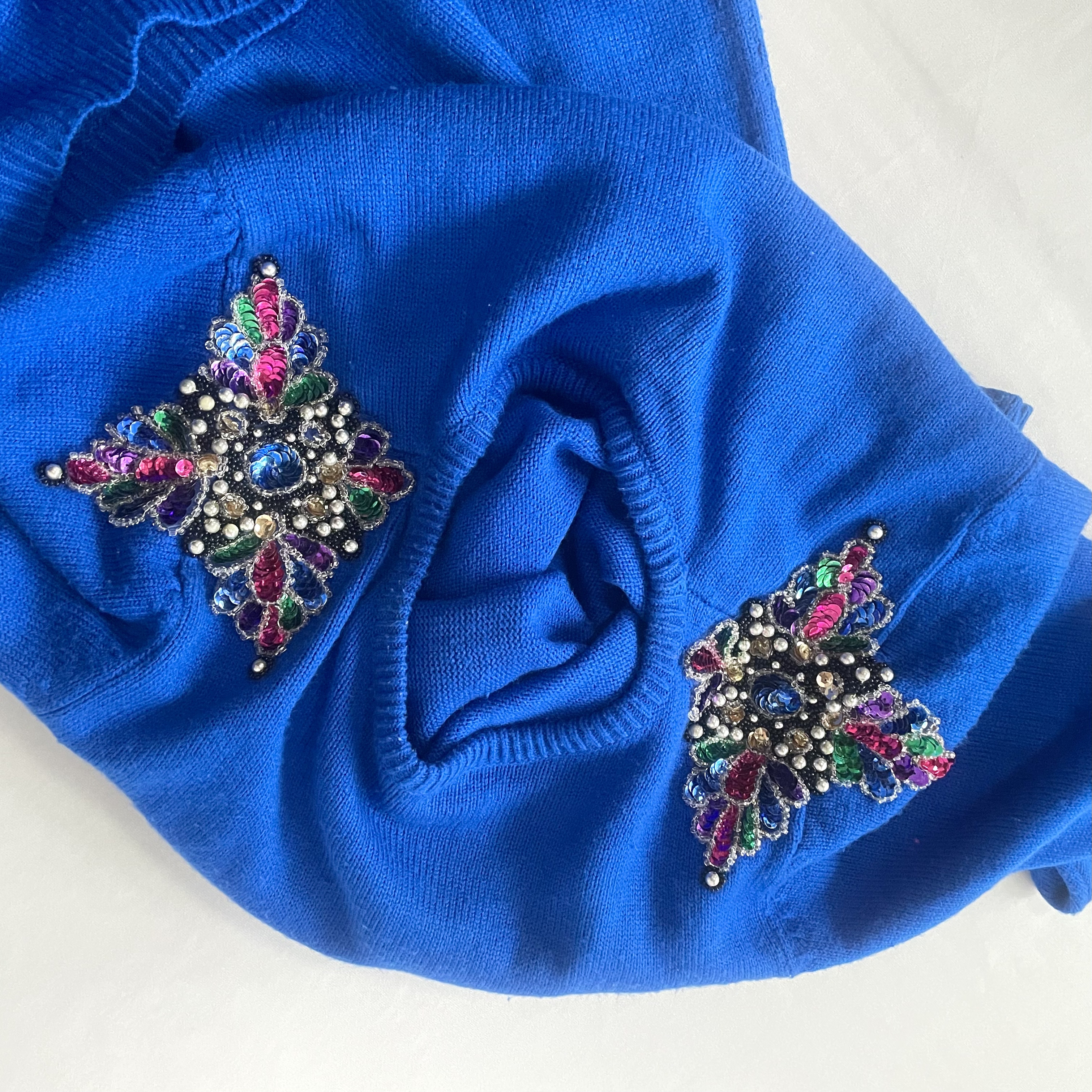 80s vintage スパンコールビーズ装飾付 ブルー ニットワンピース 長袖 