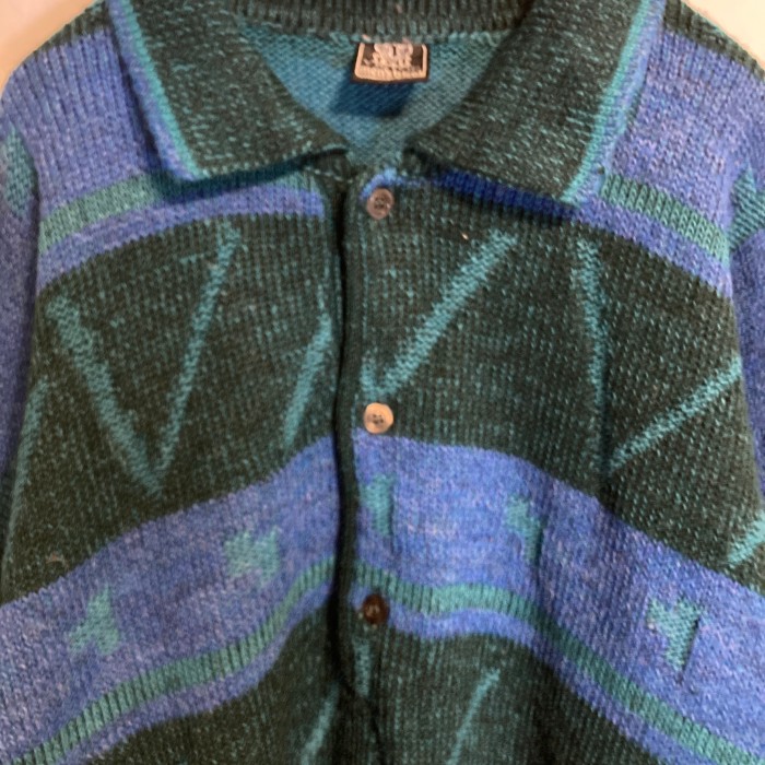 襟付きニット　柄　　ハーフボタン　ニット　グリーン　セーター　ブルー | Vintage.City 古着屋、古着コーデ情報を発信