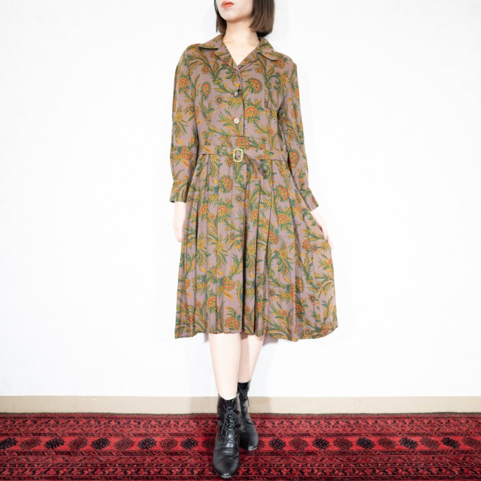 RETRO VINTAGE FLOWER PATTERNED WOOL BELTED ONE PIECE/レトロ古着