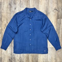 90'S RALPH LAUREN シルク/リネン 裾ロゴ刺繍 長袖 オープンカラーシャツ ブルー (VINTAGE) | Vintage.City 古着屋、古着コーデ情報を発信