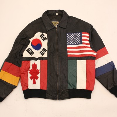 色✔黒PHASE2 レトロ オールド 90s 韓国製  万国旗 レザージャケット
