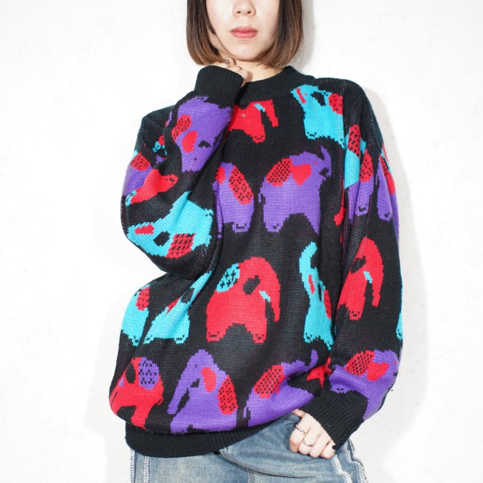 USA VINTAGE ONE STEP UP COLORFUL ELEPHANT DESIGN KNIT/アメリカ古着カラフルぞうさんデザインニット | Vintage.City 古着屋、古着コーデ情報を発信