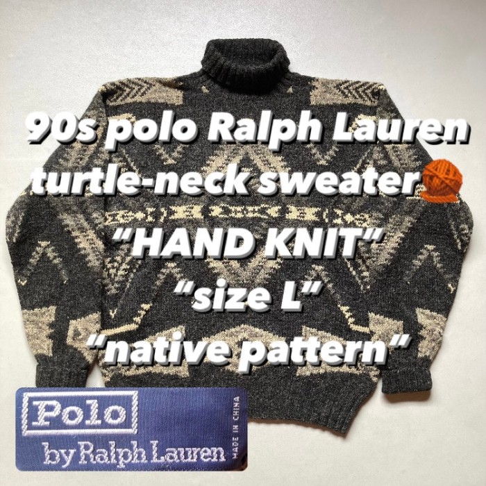 90s polo Ralph Lauren turtle-neck sweater   “HAND KNIT” “size L” “native pattern” 90年代 ラルフローレン タートルネックセーター ハンドニット ネイティブ柄 | Vintage.City 빈티지숍, 빈티지 코디 정보