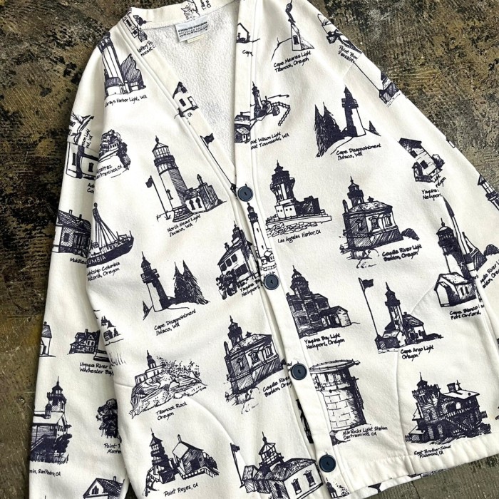 ~90s MICHIGAN RAG "灯台" Total Pattern Sweat Cardigan USA製 | Vintage.City 古着屋、古着コーデ情報を発信