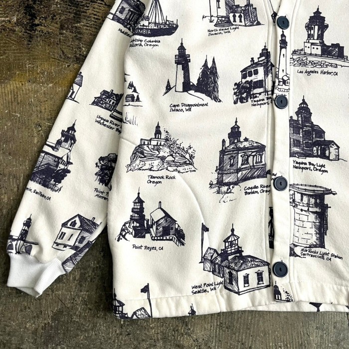 ~90s MICHIGAN RAG "灯台" Total Pattern Sweat Cardigan USA製 | Vintage.City 古着屋、古着コーデ情報を発信