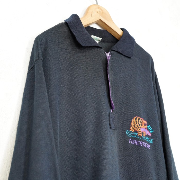 EU VINTAGE kuk BEAR EMBROIDERY DESIGN HALF ZIP SWEAT POLO SHIRT MADE IN ITALY/ヨーロッパ古着くま刺繍デザインハーフジップスウェットポロシャツ | Vintage.City 빈티지숍, 빈티지 코디 정보
