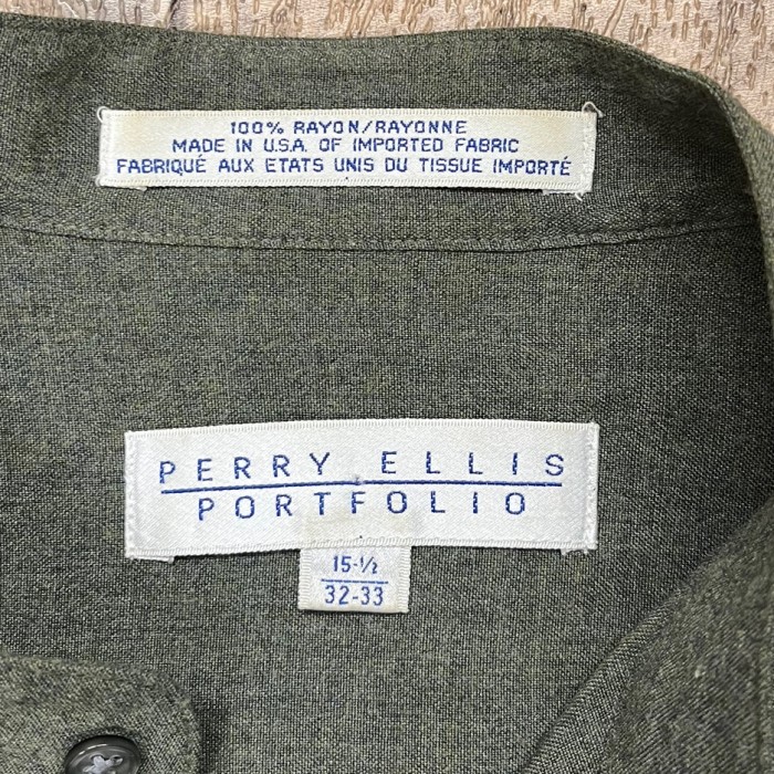 90'S PERRY ELLIS "PORTFOLIO" レーヨン バンドカラーシャツ オリーブ USA製 (VINTAGE) | Vintage.City 빈티지숍, 빈티지 코디 정보