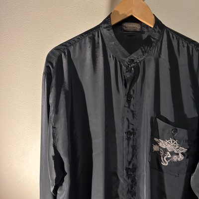 【ST.BRUNO】バンドカラーサテンシャツ 刺繍ロゴ XLsize相当 | Vintage.City 古着屋、古着コーデ情報を発信