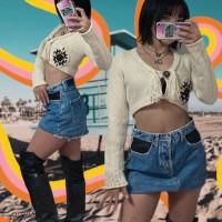 90’s/00’s Cozy boho vibes "SAVE THE QUEEN"  cropped bolero / cardigan top with   leather fringe | Vintage.City 빈티지숍, 빈티지 코디 정보