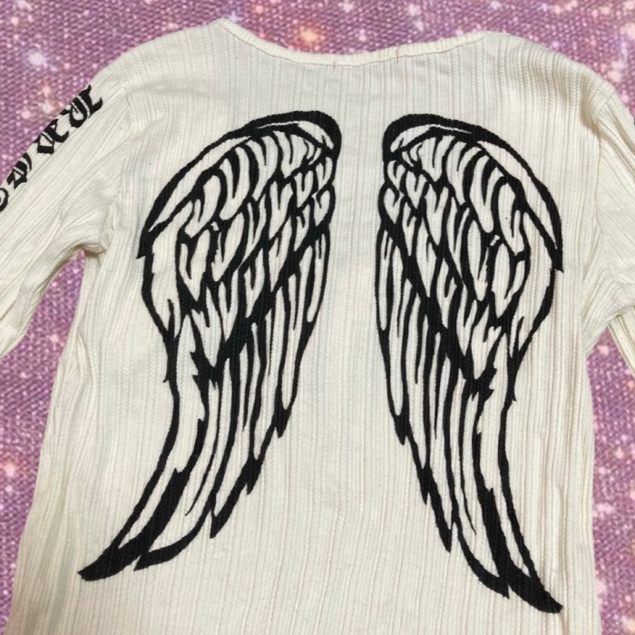 Y2K Fairy Grunge  "heisei gyaru" vibes "DIG-DEEP" Black engel wings graphic long sleeve tops | Vintage.City 古着屋、古着コーデ情報を発信