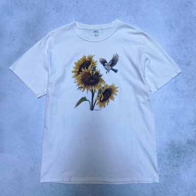 ひまわり×鳥　sunflower　プリントTシャツ　アート　ホワイト　M | Vintage.City 古着屋、古着コーデ情報を発信