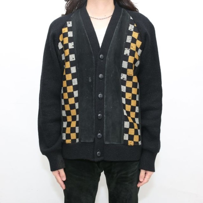 Vintage Wool × Suede Leather Checkerboard Design Cardigan | Vintage.City 古着屋、古着コーデ情報を発信