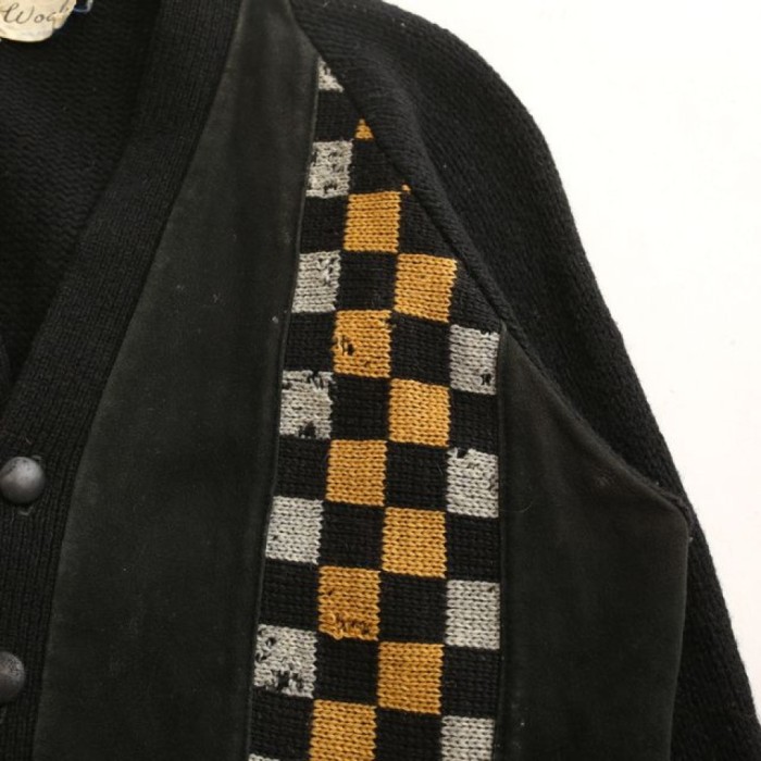 Vintage Wool × Suede Leather Checkerboard Design Cardigan | Vintage.City 빈티지숍, 빈티지 코디 정보