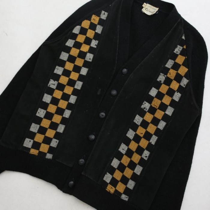 Vintage Wool × Suede Leather Checkerboard Design Cardigan | Vintage.City Vintage Shops, Vintage Fashion Trends