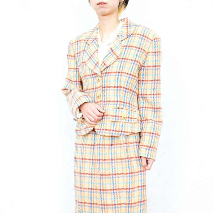 RETRO VINTAGE SiLHOUETTE CHECK PATTERNED WOOL SET UP SUIT/レトロ古着チェック柄ウールセットアップスーツ | Vintage.City 빈티지숍, 빈티지 코디 정보