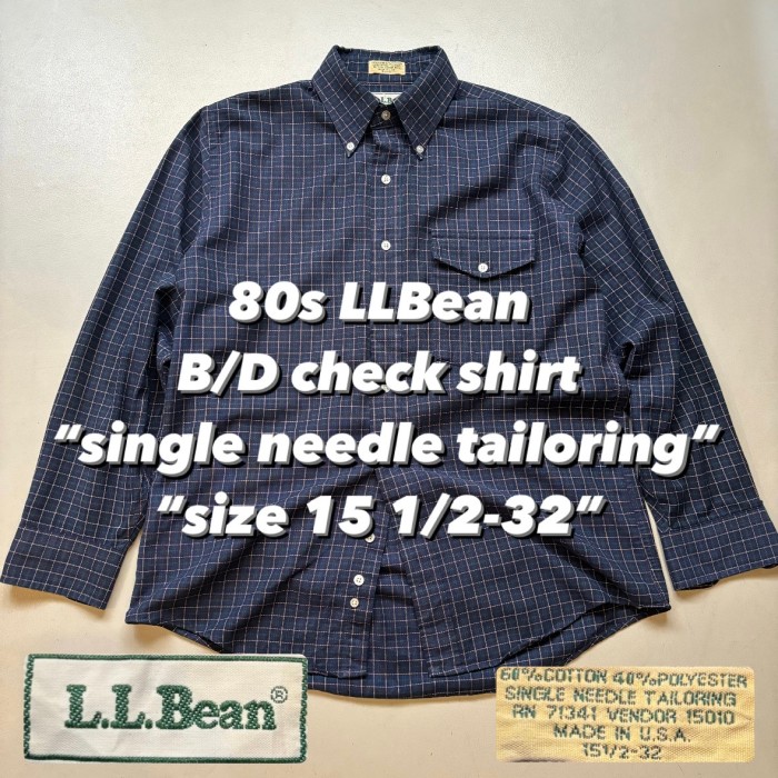 80s LLBean B/D check shirt “single needle tailoring” “size 15 1/2-32” 80年代 エルエルビーン ボタンダウンシャツ チェックシャツ シングルニードルテーラリング | Vintage.City 빈티지숍, 빈티지 코디 정보