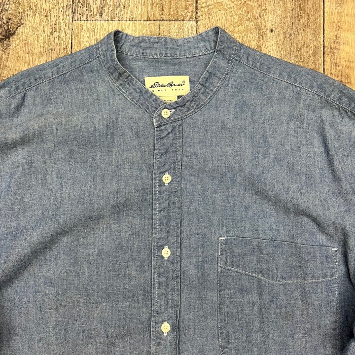 90'S EDDIE BAUER シャンブレー バンドカラーシャツ ブルー (VINTAGE) | Vintage.City 古着屋、古着コーデ情報を発信